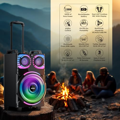Image of Intex Thriller 1300 Bluetooth Trolley Speaker 130W with Dual Wireless Mic, RGB Lights, USB /SD /AUX /FM, Remote Control, Rechargeable Battery, Portable Party Speaker with Handle & Wheels for Outdoor Use