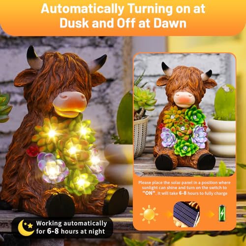 Estatua solar vaca Highland para jardín con luz LED miniatura 2
