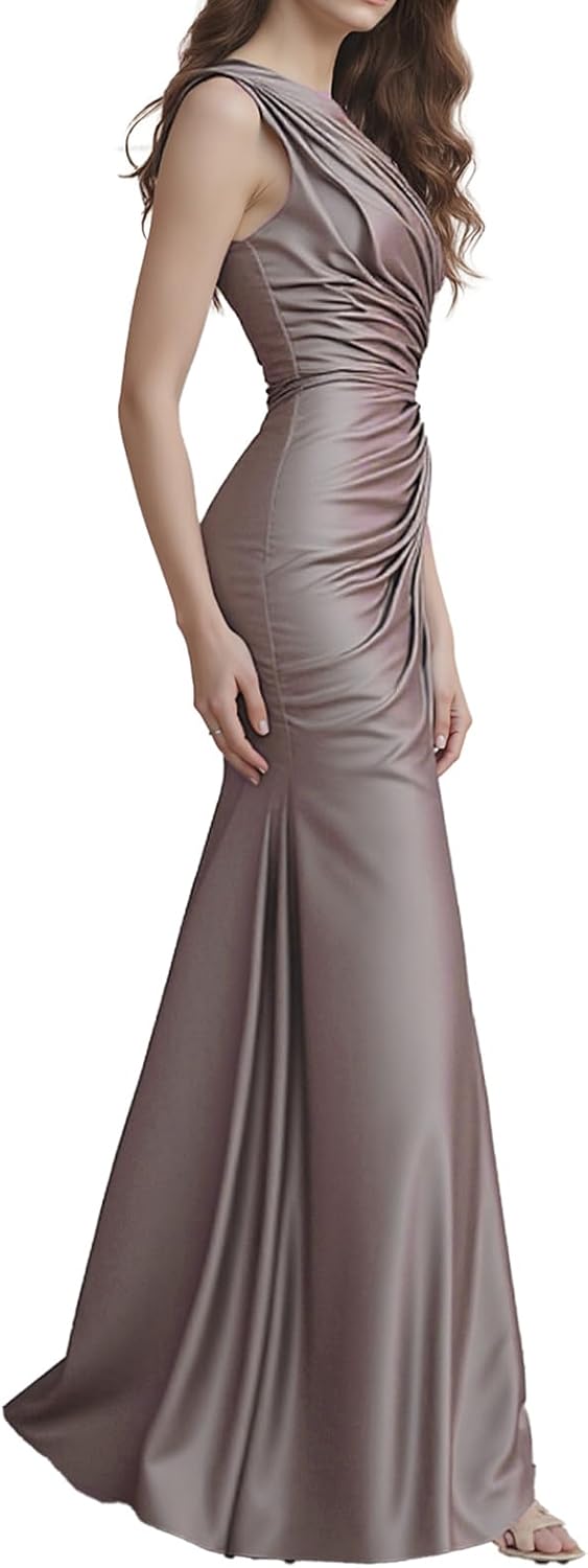 Women's Champagne Satin One-Shoulder Evening Gown,Elegant Fit and Flare Formal Dress for Weddings, Parties, Prom