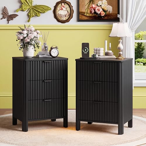 Image of Wodeer 3 Drawer Black Dresser for Bedroom, 20 inch W Wood Storage Cabinet with Fluted Design, Modern Chest of Drawers for Living Room, Nursery Clothing Organizer with Metal Slides, Anti-Tipping