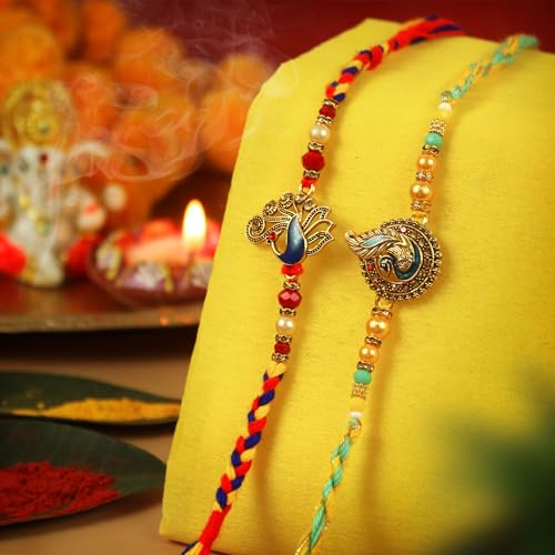 Image of TIED RIBBONS Rakhi for Brother - Set of 2 Premium Rudraksha Trishul Bracelet Rakhi for Brother Bhaiya Kids Boys Men with Greeting Card and Roil Chawal Tika