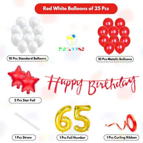 Image of Flyloons 65th Happy Birthday Decoration Kit Red White for Boys Girls Men Women Adults With 20 Pcs Metallic Balloons Birthday Banner 2 Pcs Star Items Set