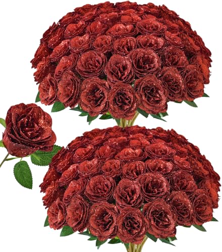 Image of 30 PCS Red Roses Artificial Flowers, Fake Glitter Roses with Stem Realistic Silk Roses for Wedding Bouquets Table Centerpieces Arrangements Baby Shower Home Decor Anniversary Birthday Gift for Her