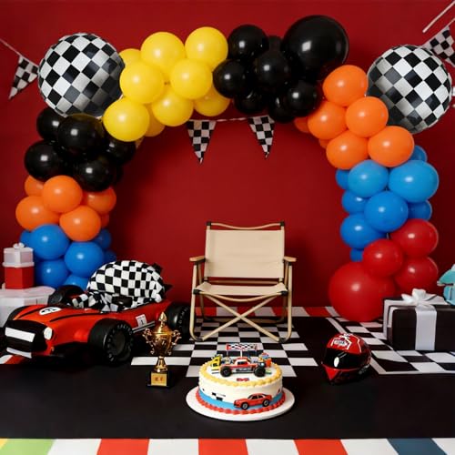 Image of Hot Car Balloon Bundle 20 Pcs Checkered Balloons Latex Balloon Orange Blue Black Red Yellow Boy 1st 2nd Hot Race Ca Fast One Two Fast Theme Wheels Race Car Birthday Party Decor Supplies Kit