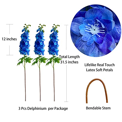 Yalzonemet 3 Pcs Dark Blue Delphinium Artificial Flower Latex 31.5'' Long Stem Fake Larkspur Real Touch Lifelike Big Silk Delphinium Flower For Home Decor Wedding Flora Table Centerpiece #TOP3