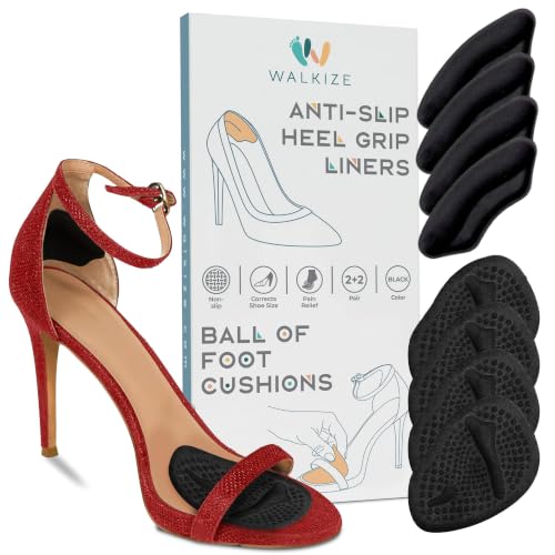Image of Walkize Metatarsal Pads & Anti Slip Heel Pads for Women & Men | Ball of Foot Cushions & Heel Grips | Shoe Inserts for Pain Relief, Blister Prevention & Comfort (2 Pairs Each, Black)