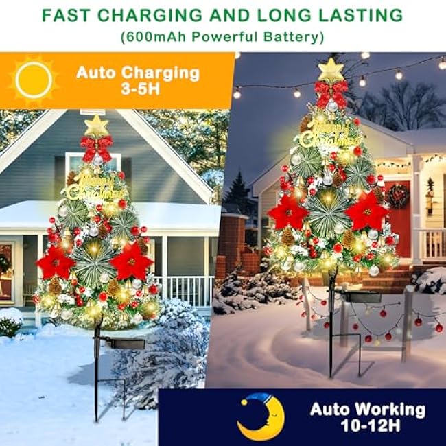 2 Pack 32 Inch Solar Xmas Tree Light Outdoor Tree with Flashing LED Lights, Pinecones, Star and Bells, Waterproof Christmas Pathway Light Solar Christmas Decorations for Yard Garden Lawn Walkway