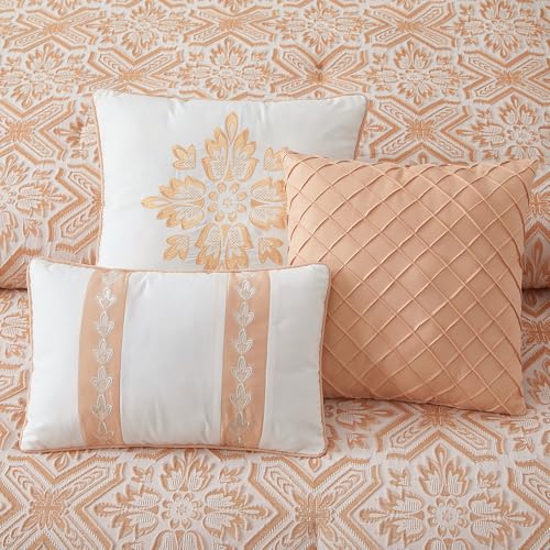 Image of LANCO MODERN LIFESTYLE 7 Pieces Orange Comforter Set, California King, Jacquard with Matching Solid Microfiber Piecework, Snowflake Linear Textures, Includes Bed Skirt, Shams, and Decor Pillows