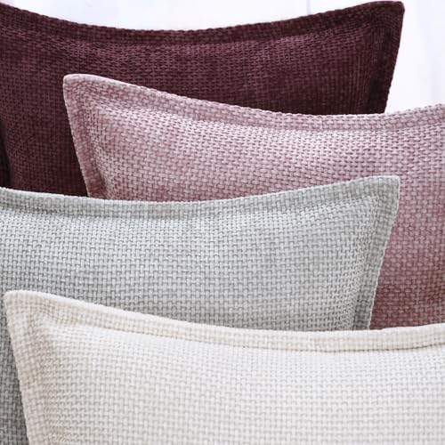 Image of MADIZZ Decorative Chenille Velvet Throw Pillow Covers Set of 2 Soft Boho Textured Neutral Couch Throw Pillow for Bed Modern Farmhouse Home Decor for Sofa Livingroom Burgundy 24x24 Inch Euro Sham