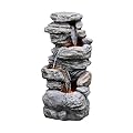 Teamson Home 39.37 in. Outdoor Faux Stacked Stone 4-Tier Water Fountain with LED Lights and Pump, Gray