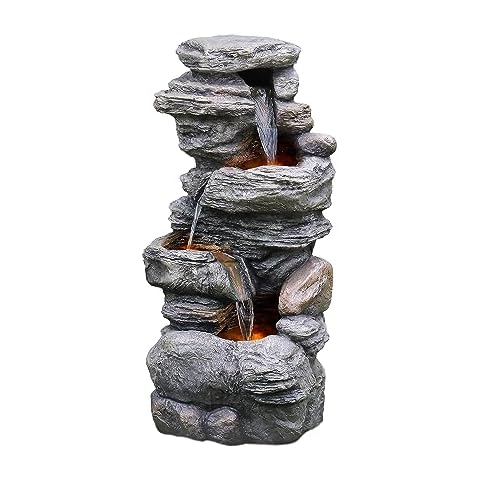 Teamson Home 39.37 in. Outdoor Faux Stacked Stone 4-Tier Water Fountain with LED Lights and Pump, Gray Cover