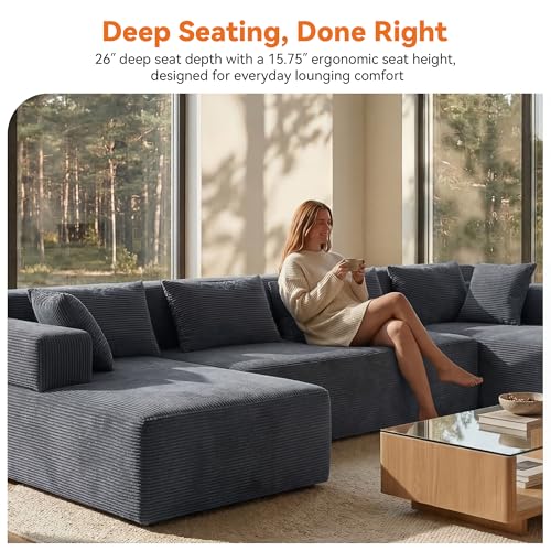 Image of MONVANE 141 inch U Shaped Cloud Sectional Couch with Chaise Lounge, Modular Sectional Sofa with Removable Armrests, Comfy Corduroy Boneless Couches for Living Room, No Assembly Required, Grey