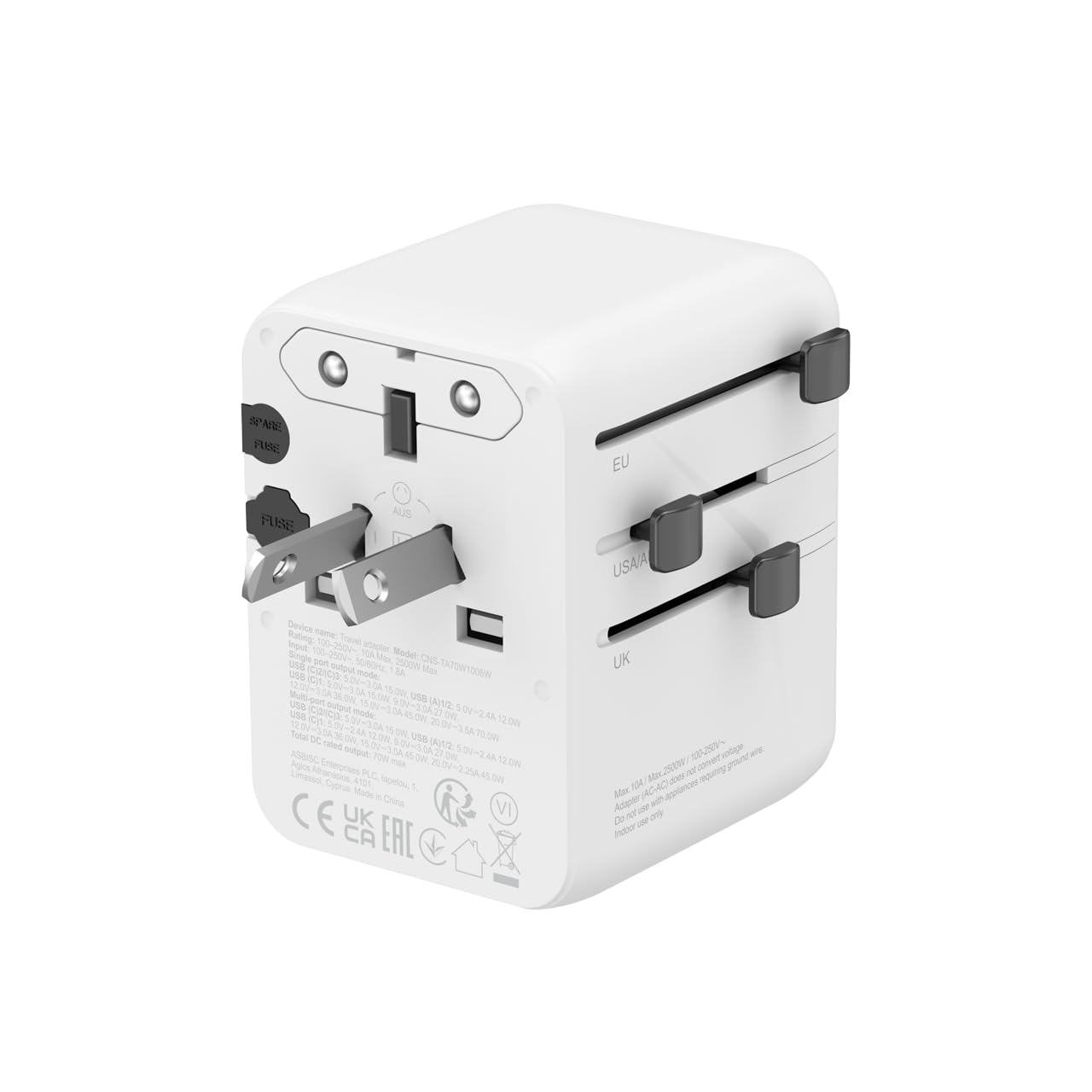 CANYON OnTour 70 uniwersalny adapter podróżny, 70 W GaN ładowarka do szybkiego ładowania, 3 porty USB-C i 2 porty USB-A, adapter wtyczki EU UK US Off do ponad 200 krajów, biały
