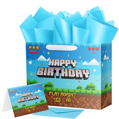 Ranfashiong 13 Large Pixel Theme Boys Birthday Gift Bag with Tissue Paper and Card for Kids Party Supplies Blue