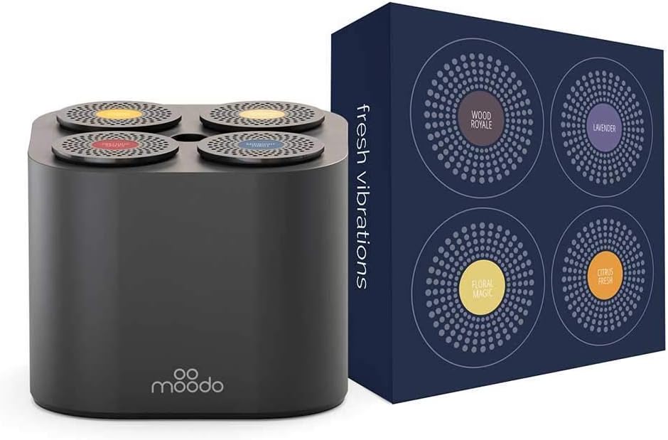 Moodo Smart Home Fragrance Diffuser with Rechargeable Battery Bundle with 1 Scent Capsules Sets (Value Pack) - scent personalization, 4 Pod Refils (Black Moodo with Fresh Vibrations pack)