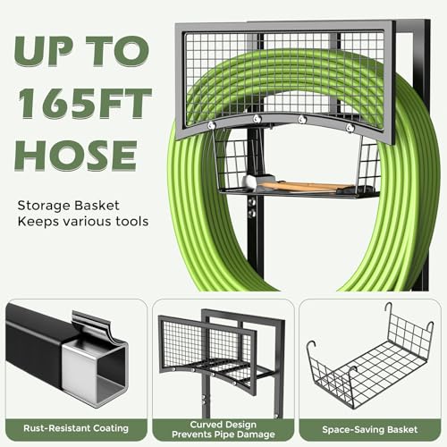 MLICAWU Garden Hose Holder Freestanding with Storage Basket, Holds Up to 165FT Hose, Heavy Duty Metal Water Hose Holder with 4 Anchor Spikes, for Yard, Lawn & Patio - image 6