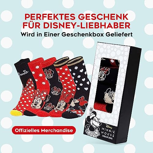 Disney Stitch Damen Socken, bunte warme Strümpfe mit Motiv, Geschenke für Frauen, Teenies, 5er-Pack (35-41 EU, Rot/Schwarz Minnie Mouse)