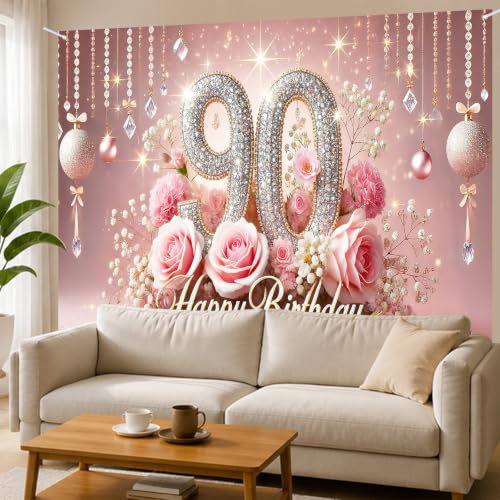 Image of Nuxovilar 90th Birthday Banner - Elegant Pink & Gold Floral Backdrop