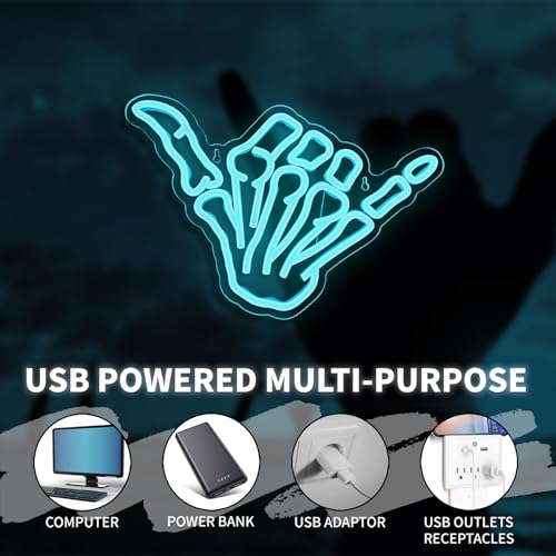 Image of Skeleton Hand Neon Sign,Shaka Skull Hand Neon Signs for Wall Decor Bedroom Home Decor Bar USB Powered LED Neon Light Art Neon Wall Sign Decoration Light(blue)