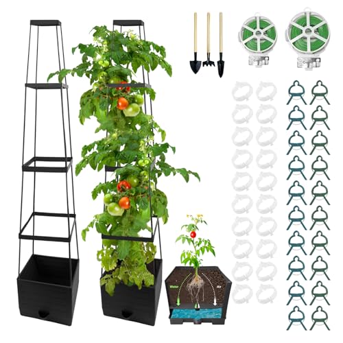 Raised Tomato Planter Box, Raised Garden Bed Planter Boxes with Trellis and 88 Yards Twist Ties 40 Clip 3 Spade 72” Self Watering Tomato Cage for Outdoor Climbing Plants Vegetable Vine Flowers