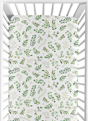 Image of Sweet Jojo Designs Leaf Boy Girl Jersey Stretch Knit Baby Fitted Crib Sheet for Soft Toddler Bed Nursery - Green White Boho Watercolor Botanical Floral Flower Woodland Tropical Garden