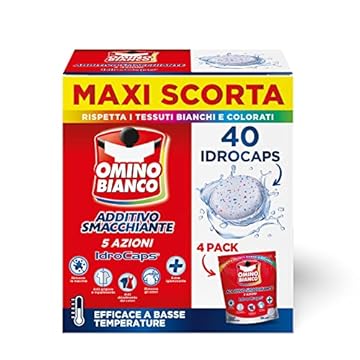 Omino Bianco - Additivo Lavatrice Totale 5 Azioni in 1 Idrocaps, Capsule Idrosolubili per Bucato, Smacchiante e Igienizzante, 10 Caps x 4