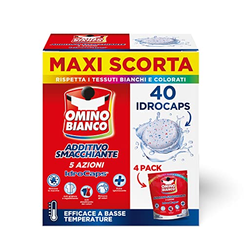 Omino Bianco - Additivo Lavatrice Totale 5 Azioni in 1 Idrocaps, Capsule Idrosolubili per Bucato, Smacchiante e Igienizzante, 10 Caps x 4