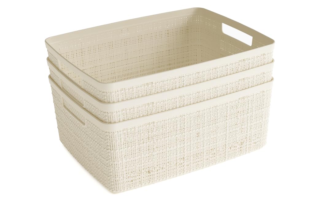 Keter Curver Scatole Portaoggetti Jute, Set da 3, Intreccio Effetto Juta, Perfette per il Bagno, 36x28x15 H cm
