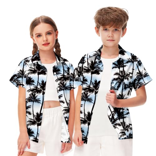 Image of Remimi Unisex Kids 4th of July Button Up Shirt Boys American Flag Print Hawaiian Beach Short Sleeve Tops 5-14 Years
