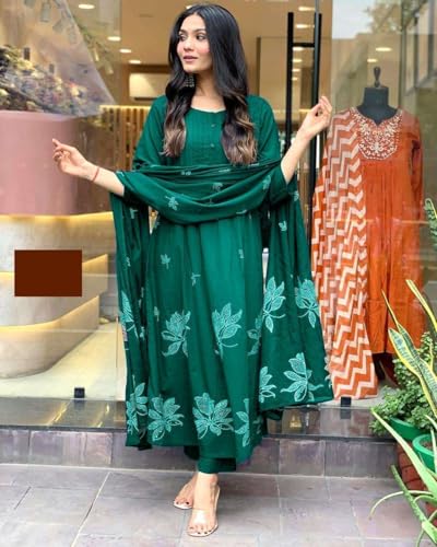 Image of Women's Cotton Embroidery Floral Printed Long Straight Kurti With Pant And Dupatta Set