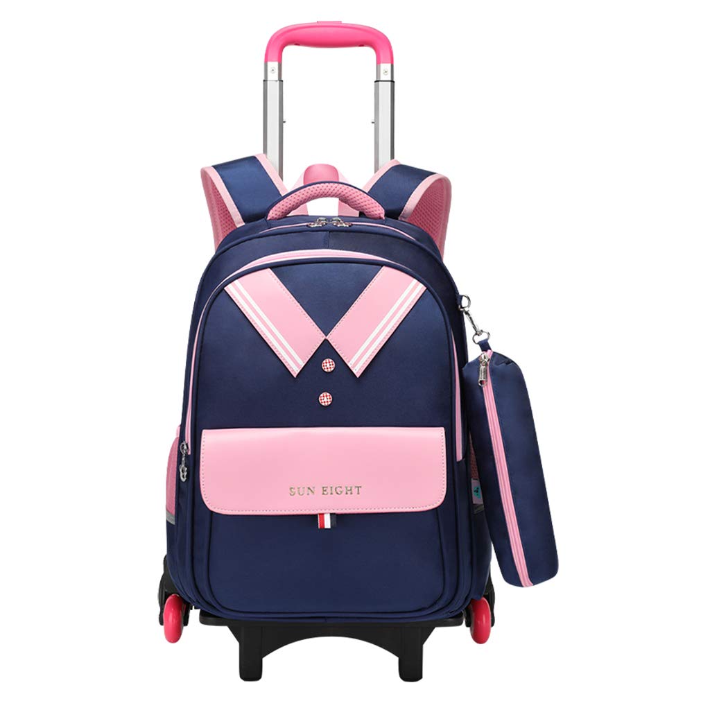 IvyH Mochila Trolley, Mochilas Escolares con Ruedas Mochila Escolar Primaria con 6 Ruedas Trolley Multi-Bolsillos Diseño Mochila Impermeable para Niños Niñas Relajadas a la Escuela, Viajes(Rosado Azul)