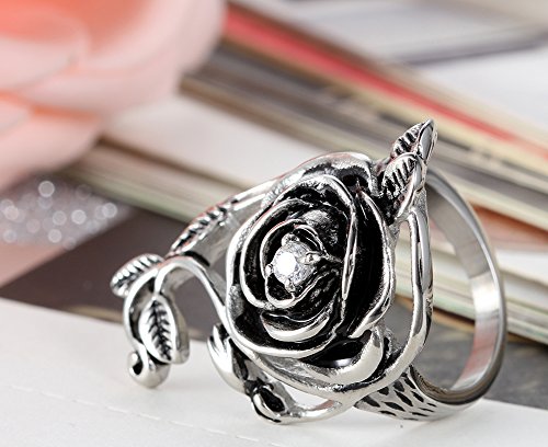 Flongo Womens Ladies Gothic Stainless Steel Rose Flower Vine Band Ring, Size 9 #TOP1