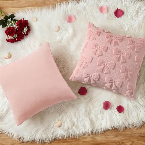 Image of decorUhome Pink Bow Pillow Covers Set of 2 Coquette Aesthetic Cute Preppy Plush Faux Pillowcases for Girly Bedroom or Couch 18x18 Inch