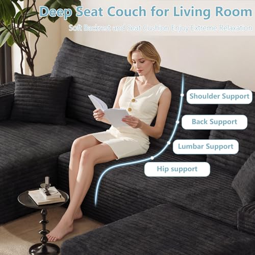 Image of 95 inch Boneless Cloud Couch Sectional Couches Sofa for Living Room | Modular U-Shaped Couch, Comfy Modern Corduroy Memory Foam Sofas with Ottoman, Oversized Chaise (Black, Left-Facing Chaise)