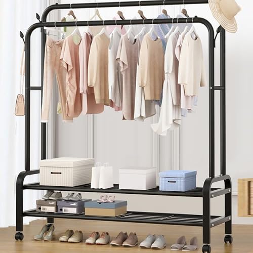 Perchero doble resistente con ruedas con estantes, organizador de ropa independiente para dormitorio y sala de estar, soporte de exhibición de ropa que ahorra espacio