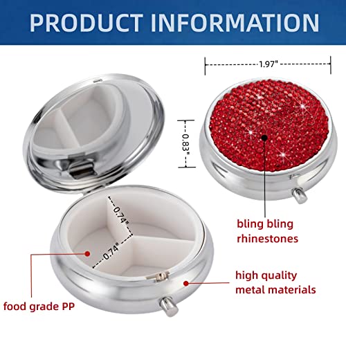 Image of Pill Case Travel,Small Pill Box Container,Tiny Vitamin Holder Organizer,Crystal Round Pill Press Bottle, Pastilleros para Medicamentos(Red)