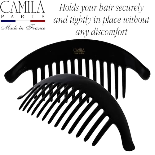 Image of Camila Paris CP2872 /2 French Hair Side Combs, Black Interlocking Combs French Twist Hair Combs, Strong Hold Hair Clips for Women Bun Chignon Up-Do, Styling Girls Hair Accessories, Made in France