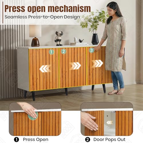 Image of ABOUT SPACE Shoe Cabinet - 3 Tier Shoe Rack with Door | Press Open 3 Door Engineered Wood Shoes Stand for Home | Smooth Non-Fluted-Effect Adjustable Shelf Raised Legs, 15 Pair |White & Teak