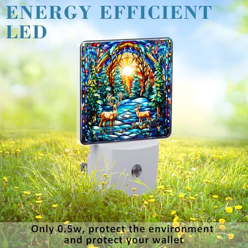 Image of Plug in Night Lights Christmas Stained Glass Deer Nightlight Plug Into Wall Dusk to Dawn Sensor LED Night Light for Kid Girls Boys Women Room Decor,Hallway,Kitchen,Bathroom,Nursery,Stairs