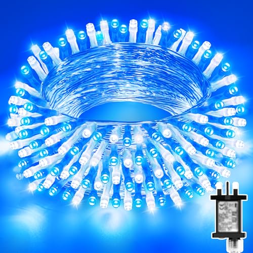 Dalugo Blue Christmas Lights 20M 200 LED Mains Powered Christmas Tree Lights with Timer Memory Function 8 Modes Waterproof White Blue Fairy Lights for Indoor Outdoor Xmas Tree Decorations