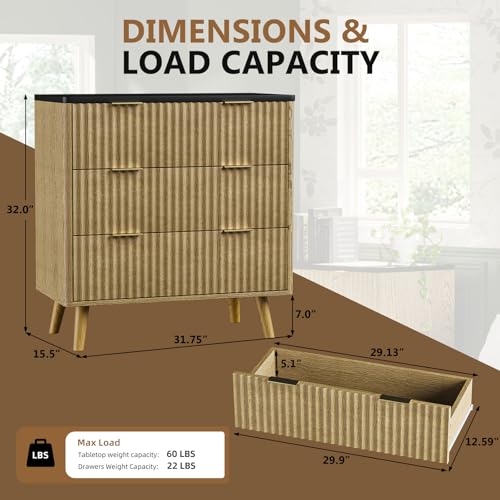 Image of BREEZEHEAT Modern 32 inch Fluted Nightstand Set of 2-Natural Wood Bedside Tables with 3 Drawers and Frosted Desktop, Large Night Stand-End Table for Large Spaces, Bedroom