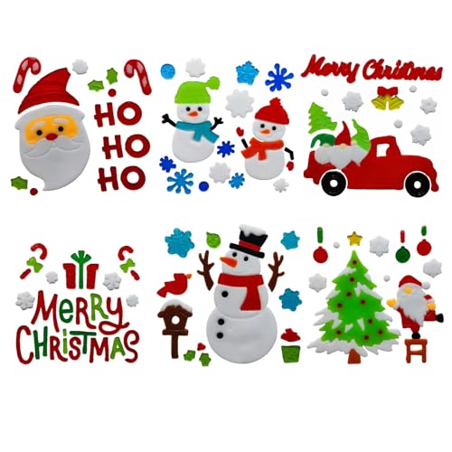 Gift&Fun Christmas Gel Window Clings 6 Pieces Set Holiday Decorative Stickers with Santa Snowman Tree Designs 7.9x7.9Inch (Christmas Window Gel Cling Snowman 6 Sheets)