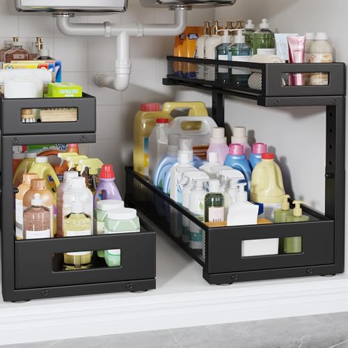 Image of 2 Pack 20.47IN Depth Under Sink Storage Organizer, Large 2-Tier Elegant Mesh Pull Out Shelf for Kitchen and Bathroom Cabinet Organization, L-Shaped and Adjustable Height Design-Black