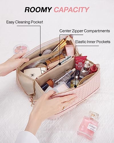 Image of BAGSMART Makeup Bag, Travel Cosmetic Bag Organizer, PU Leather Water-Resistant Pouch, Open Flat Makeup Storage for Toiletries, Brushes, PU Leather Pink