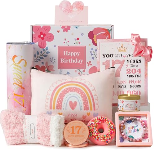 17th Birthday Gifts for Girls Best Basket Presents Ideas for Turning 17 Year Old Girls Happy Sweet 17th Birthday Pamper Hamper HBD Box Kit for Her Sister Daughter Granddaughter Niece Teenage Teen