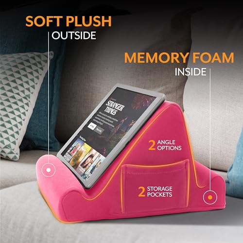 Brookstone, Memory Foam Lap Desk Tablet Holder, Holds Phones, iPads, E-Book Readers, 2 Viewing Angles, 2 Side Pockets for Accessories, Book Holder Cushion, Perfect Home, Car Travel, Flights, Pink - Image 6
