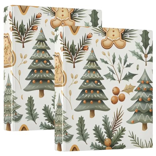 Image of Gingerbread Plant Green Christmas Tree Cookie 3 Ring Binder with 2 Interior Pockets 1.5 inch Binders 3 Ring Heavy Duty Fit 8.5 inch x 11 inch Letter Size for Office School, 2 Pack