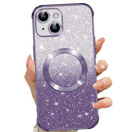 Cover Magnetica per iPhone 14 Plus Glitter Custodia Compatibile con MagSafe Anti Graffi Non Ingiallente Protezione Completa Case 14 Plus con 2 Vetro Temperato viola