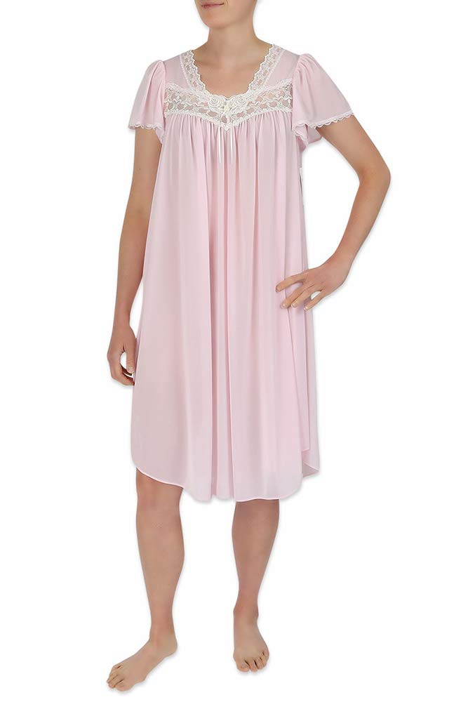 Miss ElaineSilk Essence Nightgown - Short Silky & Sheer Tricot Gown with Flutter Sleeves