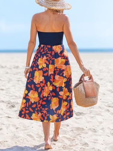 Image of CUPSHE Women Tube Floral Midi Summer Dress Straight Neck Split Hem Tropical Casual Sundress Holiday Vacation Beach Dress